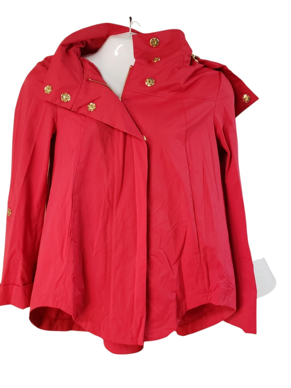 NIKKI JONES Red Women's Hooded Rain Jacket with Gold Buttons Size M